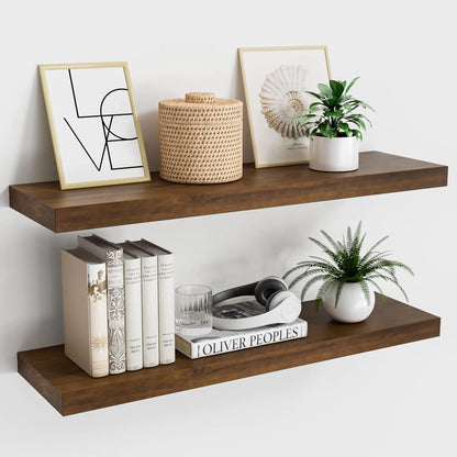 Vivelove Natural Wood Floating Shelves 24 inches Long - Deep Wall Shelves for Bedroom - Floating Shelves for Wall - Rustic Wooden Home Decor Plant DisplayMounted Invisible BracketSet of 2