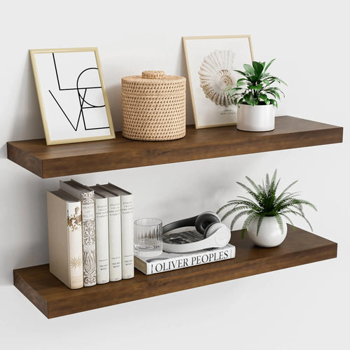 Vivelove Natural Wood Floating Shelves 24 inches Long - Deep Wall Shelves for Bedroom - Floating Shelves for Wall - Rustic Wooden Home Decor Plant DisplayMounted Invisible BracketSet of 2